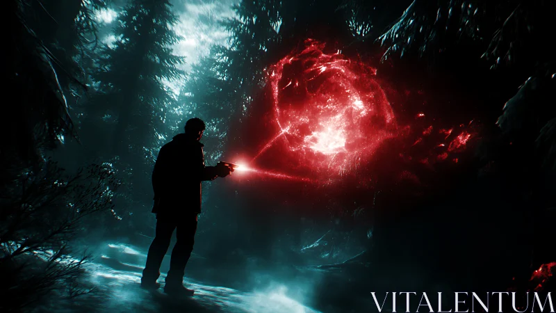 Silhouetted investigator illuminating a red energy anomaly in forest.