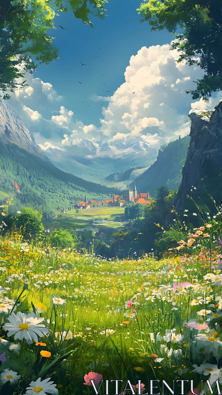 Landscape illustration shows valley village framed by meadow