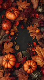 Autumn pumpkins and leaves border on dark background.