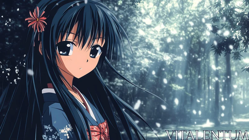 Blue‑kimono anime girl in dappled forest light with drifting petals