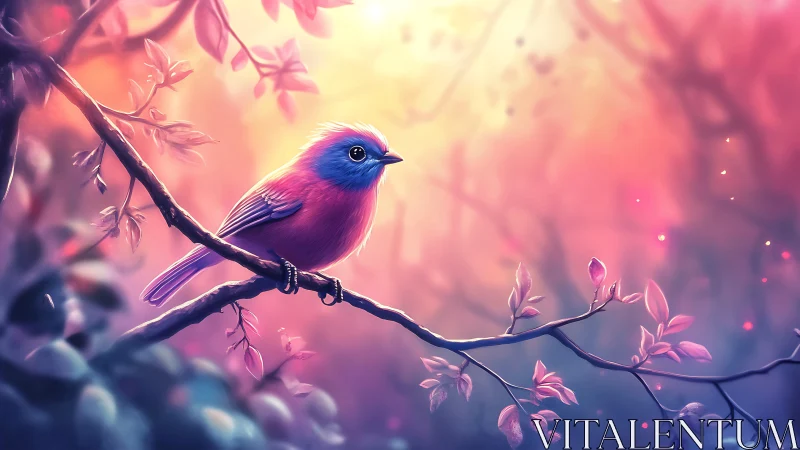 Gentle pink songbird resting in a dreamy pastel forest.