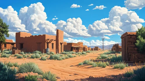 Desert adobe ghost town under towering cumulus clouds.