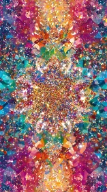 Symmetrical digital mandala with multicolored glitter field.