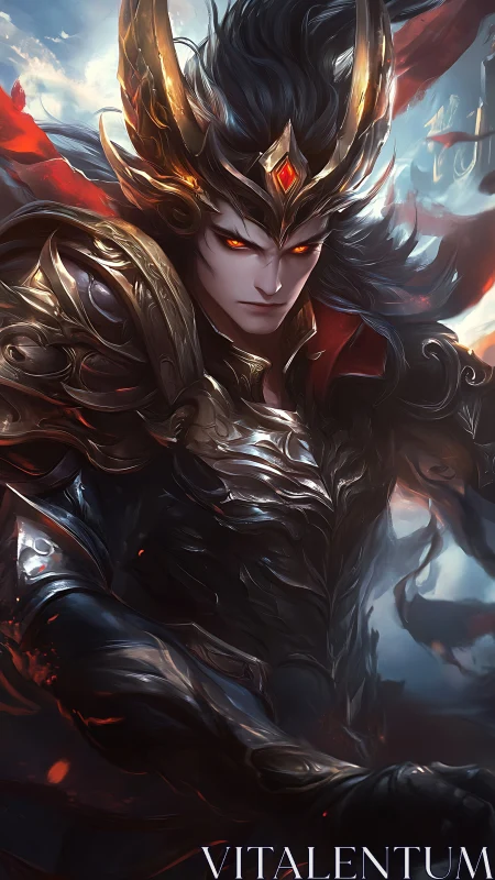 Armored fantasy warlord with horned helm and glowing eyes.