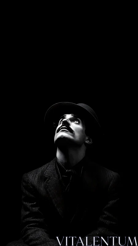 Monochrome portrait with theatrical chiaroscuro lighting study.