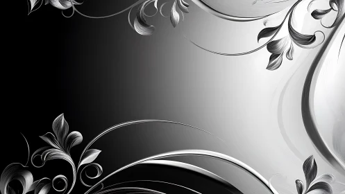 Silver floral curves flow across a monochrome gradient background.
