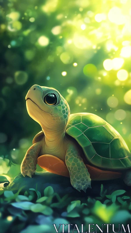 Curious baby turtle basking in soft, magical forest light.