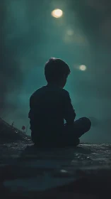 Silhouetted child in teal dusk mist, gazing toward distant light.
