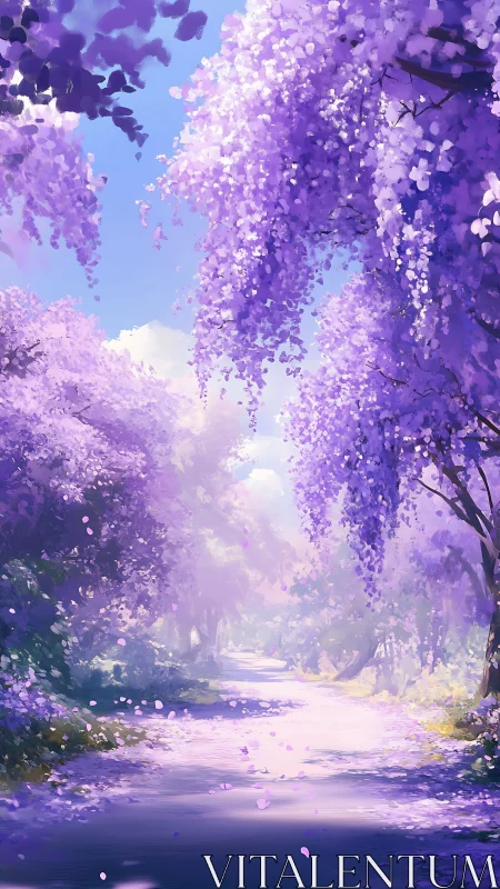 Wisteria-lined woodland path under diffuse lavender daylight