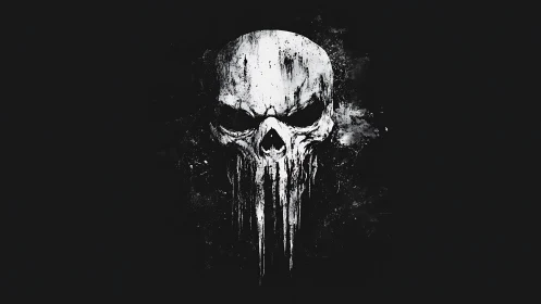 Grunge skull emblem drips through stark black void. Period.