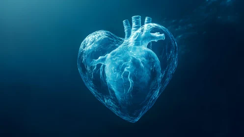 Surreal digital art of human heart shaped from clear water, underwater.