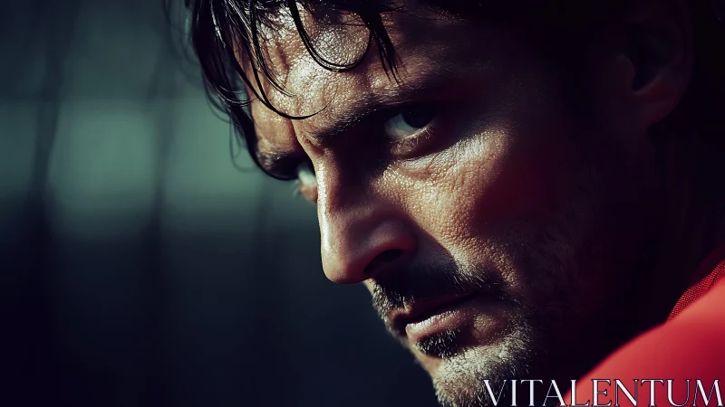 Intense low key closeup of determined male face in profile