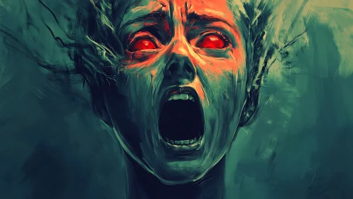 Haunting red gaze in a storm of swirling teal shadows.