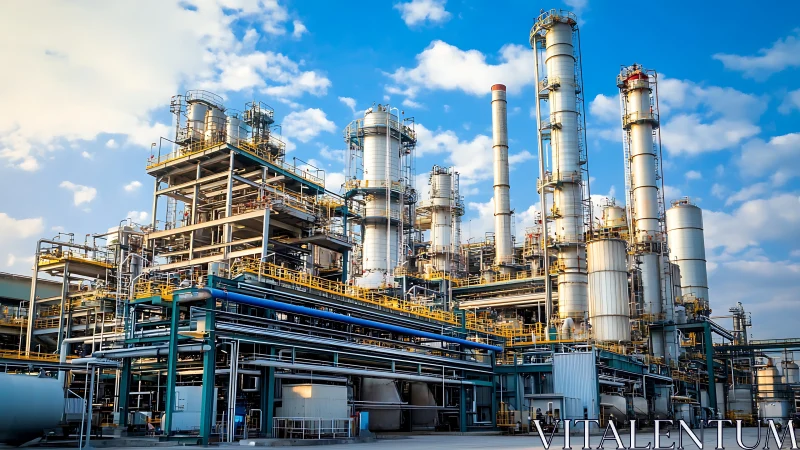 Modern petrochemical refinery rises under clear blue sky