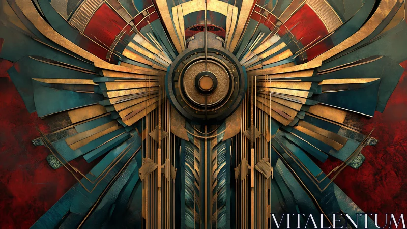 Geometric gold radial structure over red teal background.