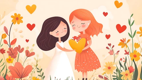 Two figures exchanging golden heart shape amid floral setting.