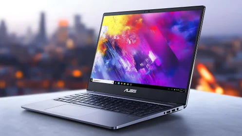 Slim ASUS laptop on table with vivid abstract display.