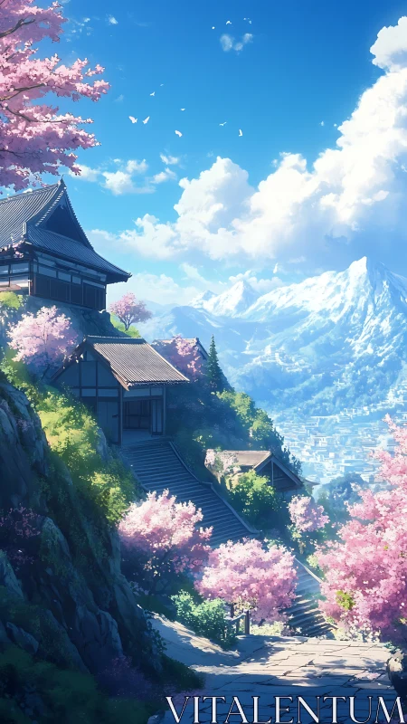 Mountain temple daydreams beneath drifting cherry clouds