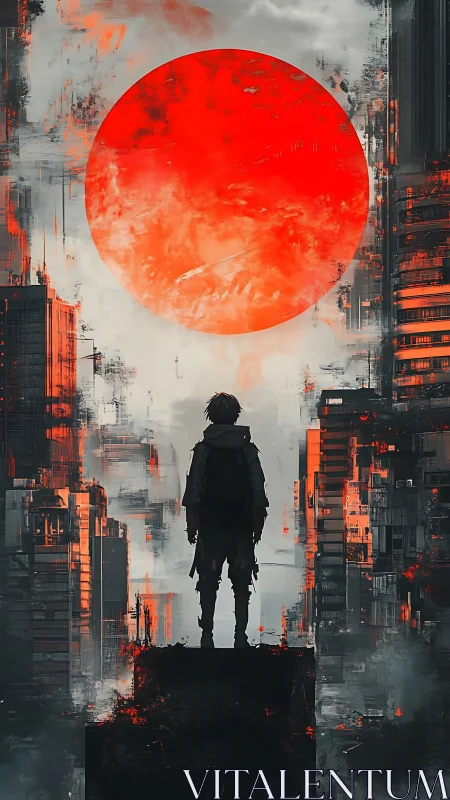 Silhouetted figure under red sun above dystopian city.