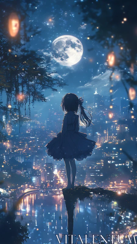 Moonlit girl overlooking luminous cyber cityscape at night.
