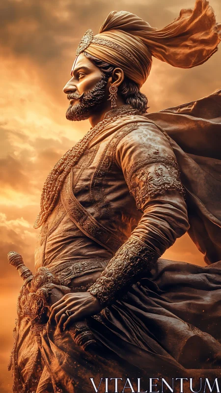 Regal warrior gazes toward a glowing, hopeful horizon