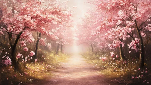 Luminous cherry blossom corridor with atmospheric depth mapping.