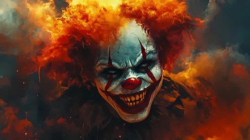 Infernal jester erupts from burning clouds with razor grin