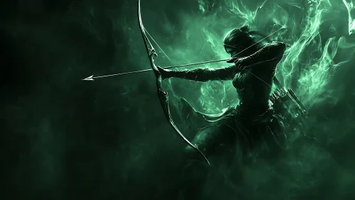 Emerald spectral archer draws luminous bow in swirling void