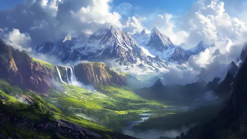 Cloud-kissed emerald valley beneath silver-spired peaks.