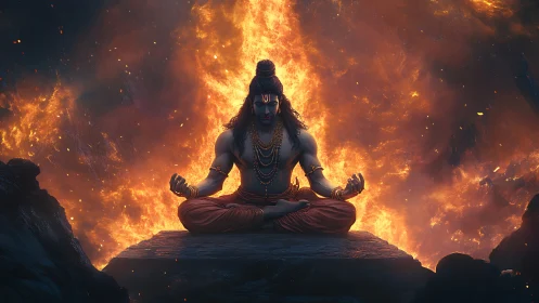 Fire crowned yogi in volcanic stillness of cosmic calm.