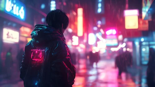 Person in neon city street stands in rain facing blurred lights