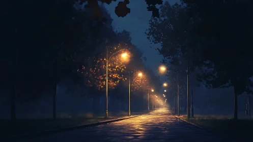 Foggy tree-lined avenue illuminated by warm sodium streetlights