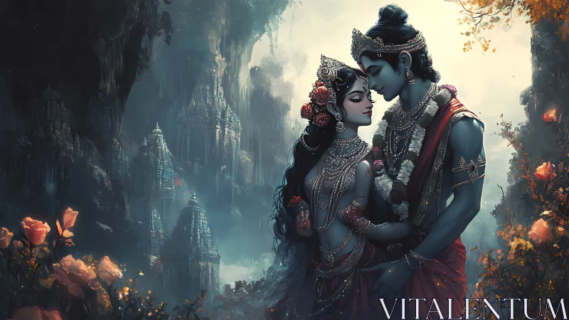 Divine couple beneath ornate towers in ethereal twilight.