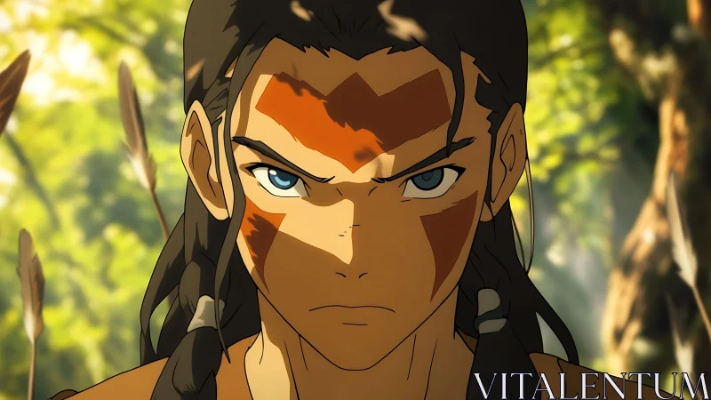 Focused warrior with war paint in forest setting.