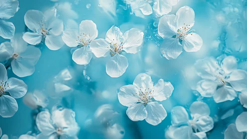 White Blossoms Against Turquoise Soft Focus Background.