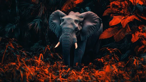 Midnight jungle elephant amid neon ember foliage glow.