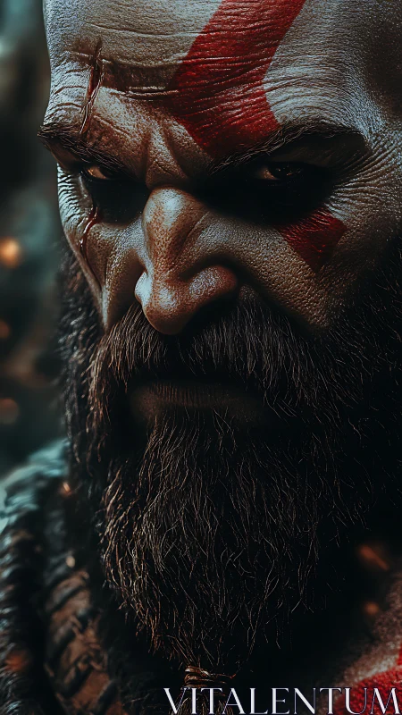 Close digital portrait shows rugged, marked face and beard