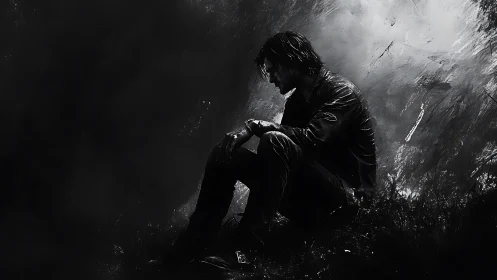 Solitary seated figure is rendered in high contrast monochrome