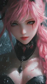Pink haired warrior gazes forward under falling snow