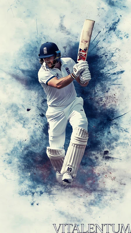 Cricket batsman in full swing over abstract splatter background.