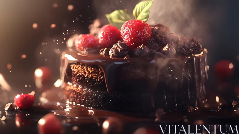 Volumetric Chocolate Dessert with Fresh Red Berries in Dramatic Atmospheric Lighting