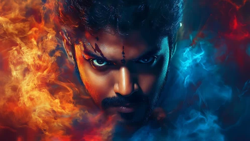 Male face centered between stylized red and blue smoke.