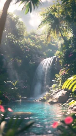 Sunlit tropical waterfall cascades into turquoise forest pool