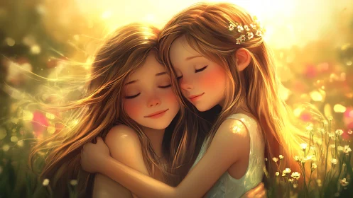 Sunlit sisterly hug in a dreamy wildflower meadow.