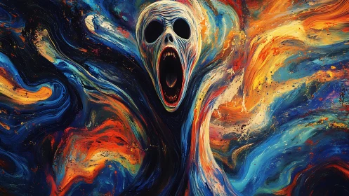 Abstract screaming skull amid swirling vivid colors.