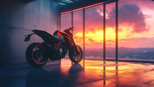 High-performance sport motorcycle reflects saturated sunset sky