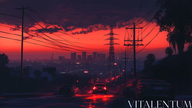 Crimson sunset descends over neon-lit city boulevard.