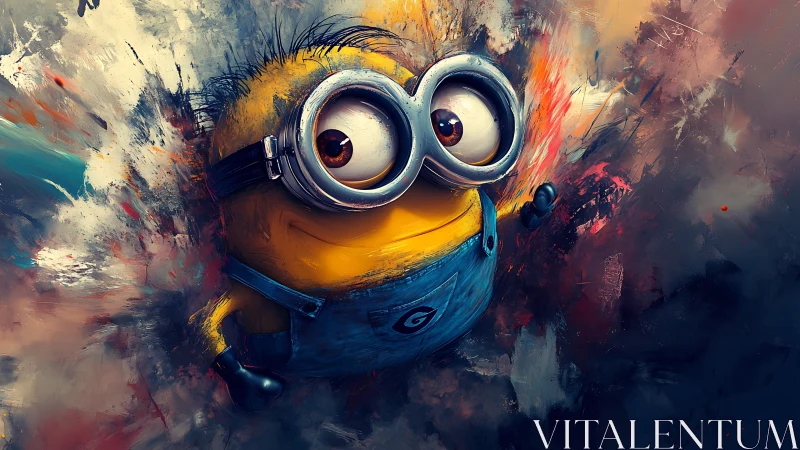 Yellow cartoon creature in goggles stands in abstract scene