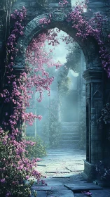 Digital painting of floral-enveloped ruined stone archway.