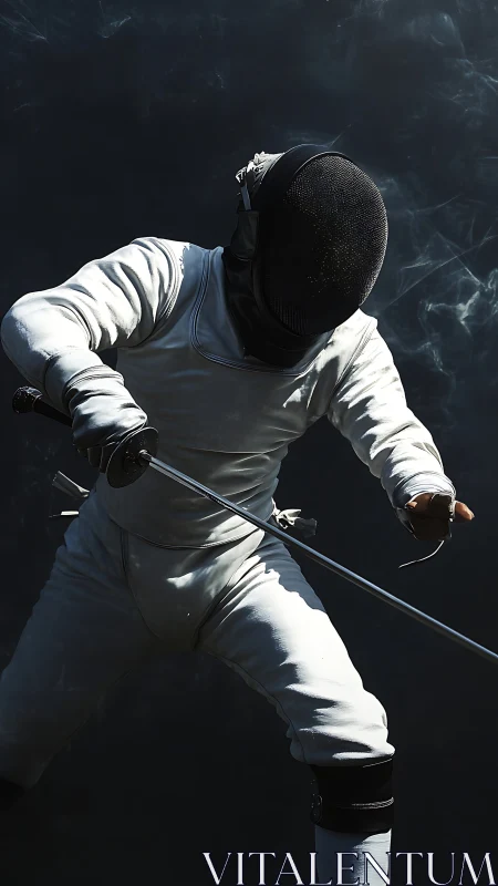 Fencer in white gear lunging forward during a duel.